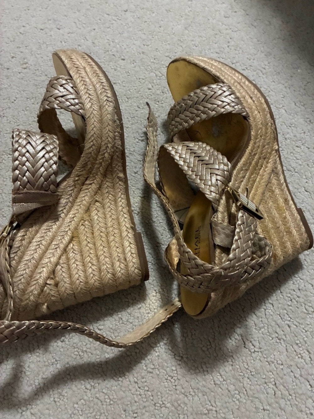 Michael Kors Beige Braided Wedge Sandals with Gold Footbed